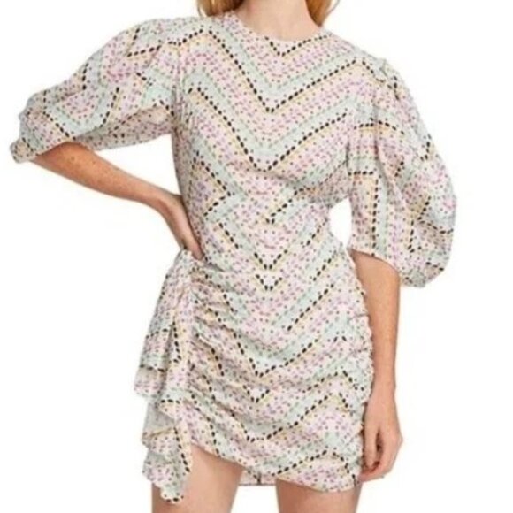 NEW $445 RHODE PIA EMBROIDERED CHEVRON SHIRRED MINI DRESS SIZE L - Picture 1 of 10